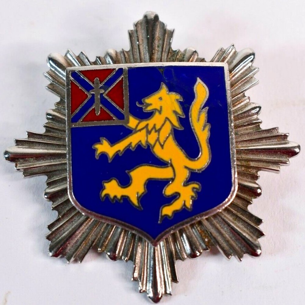 Vintage European Military Silver Pin Blue Enamel Red Blue Flag Yellow Lion Sword